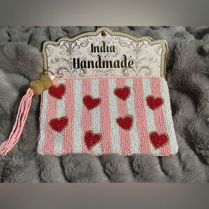 NWT Beaded Heart Valentines Day Bag Cosmetic Travel Clutch Bag with Key Closure